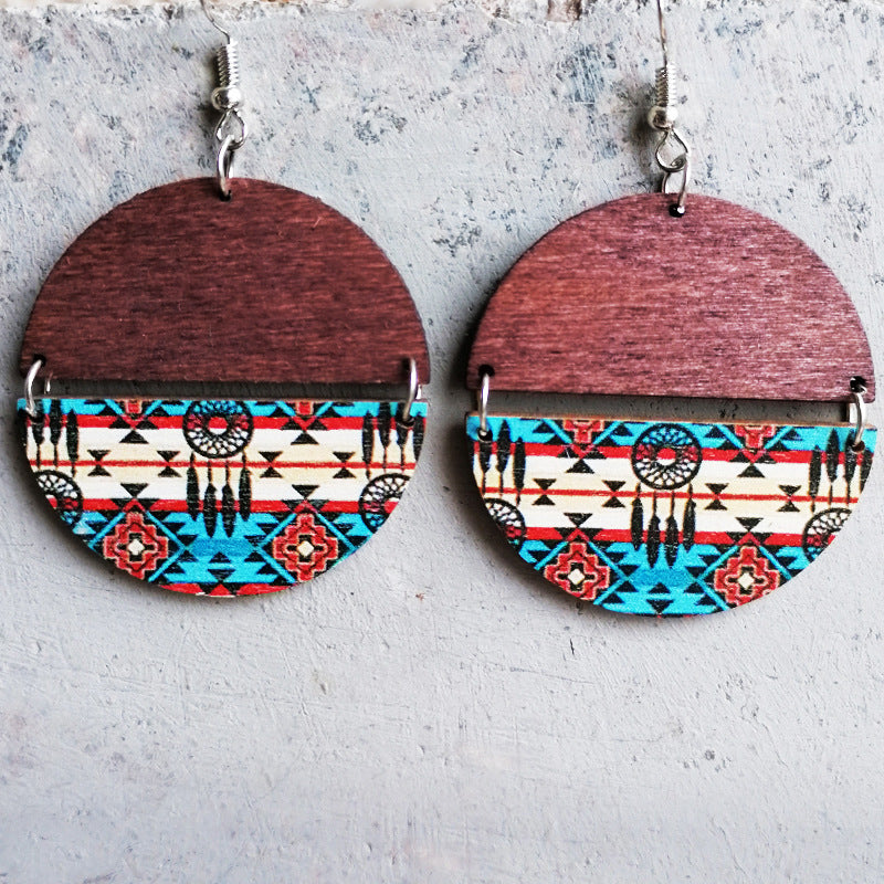 2 pares al por mayor/paquete boho patrón étnico pendientes de madera de mosaico circular